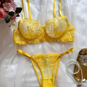 Embroidery Lingerie Set, Semi-sheer Spaghetti Straps Bra & Panty, Women's Sexy Clothing