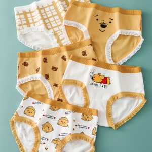 Set Of 5 Yellow Bear And Puppy Prints Girls' Underwear, Breathable And Cute Lively Japanese-style Mid-rise Triangle Shorts