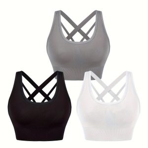 3 pack High-Support Strappy Cross-Back Padded Sports Bras - 3-Pack Workout Tops for Women