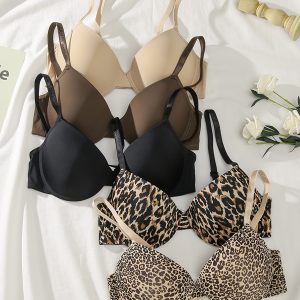 5pcs Leopard Print Push Up Bra Set - 5-Piece Women's Lingerie & Underwear - Comfy & Breathable