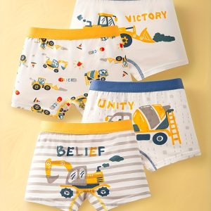 4pcs Children's Boxer Briefs Boys Cute Cartoon Digger Pattern Striped Print Cotton Bottoming Underwear Soft Comfy Breathable Kids Shorts For All Seasons