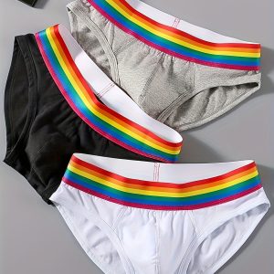 Stylish Multi-color Series - 3 Pcs Men's Rainbow Belt Stretchy Boxer Briefs - Comfy & Antibacterial Underwear Cotton Set