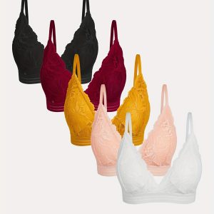 5pcs Contrast Lace Wireless Bras, Comfy & Breathable Intimates Bra, Women's Lingerie & Underwear